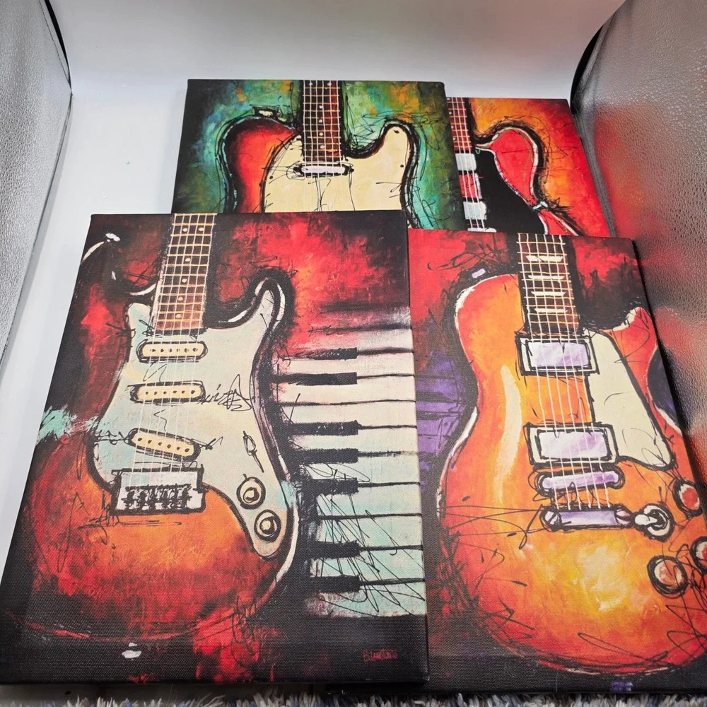 Set of 4 Abstract Guitar Canvas Wall Art Music Room Decor 12x16 Red Orange Teal
